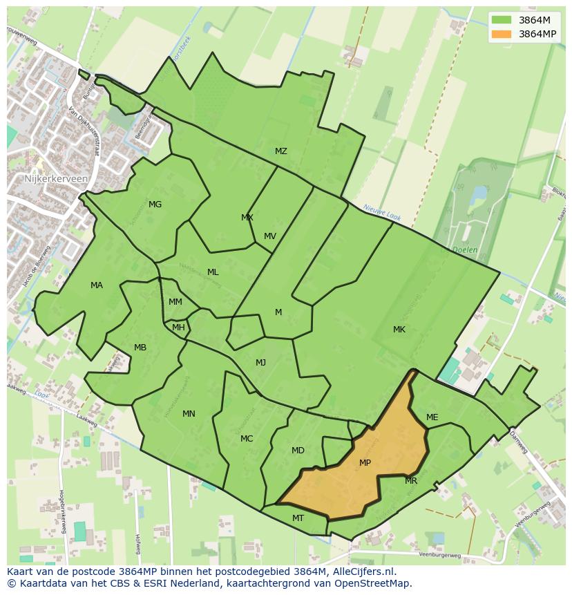 Afbeelding van het postcodegebied 3864 MP op de kaart.