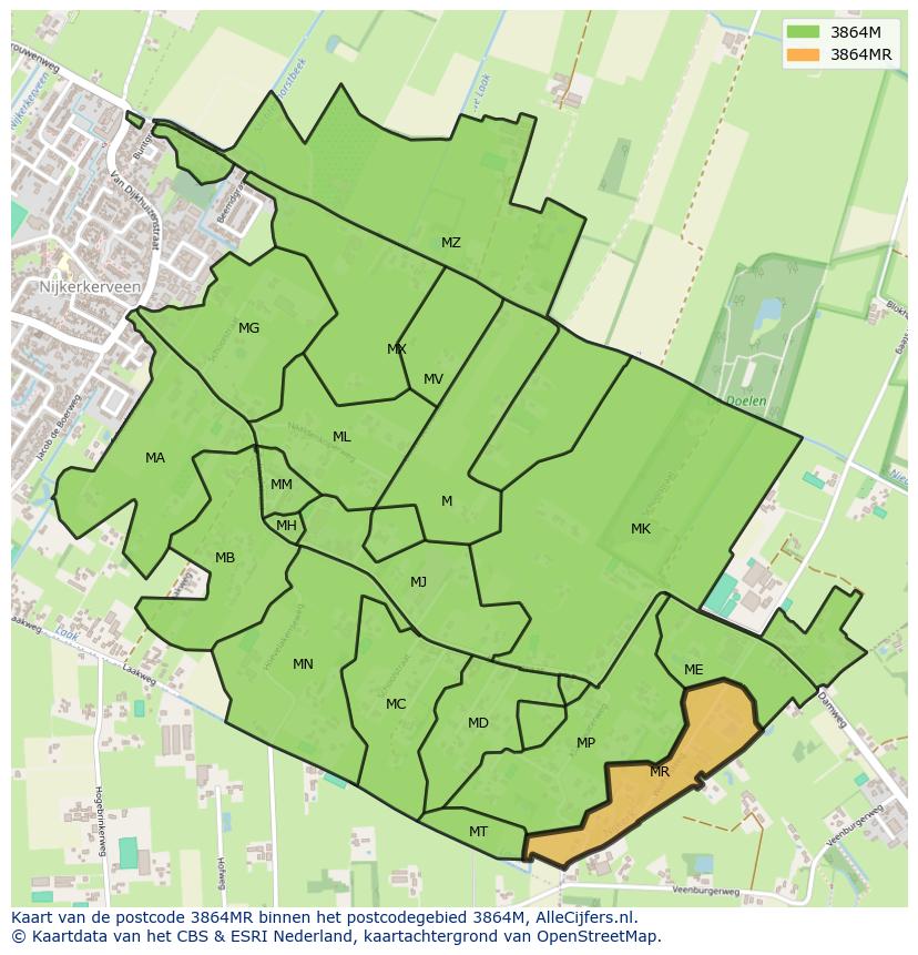 Afbeelding van het postcodegebied 3864 MR op de kaart.