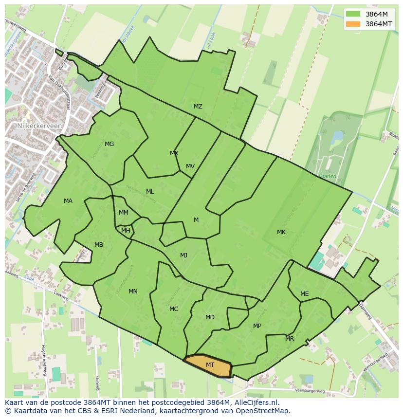 Afbeelding van het postcodegebied 3864 MT op de kaart.