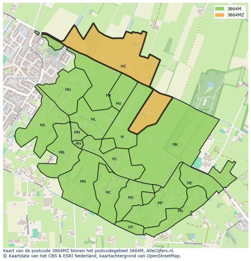 Afbeelding van het postcodegebied 3864 MZ op de kaart.