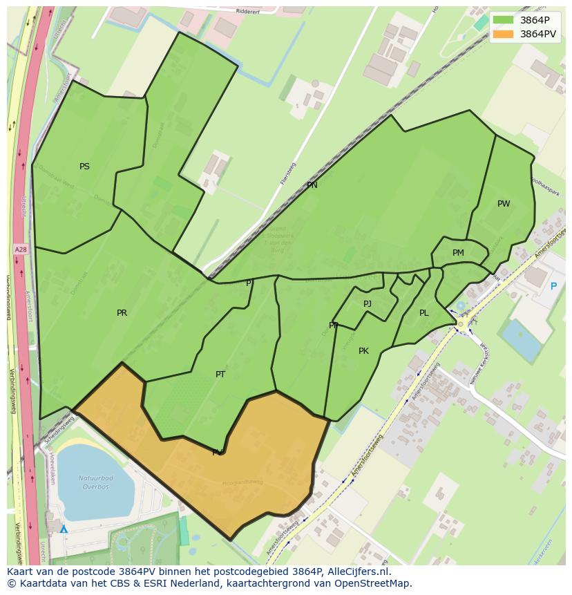 Afbeelding van het postcodegebied 3864 PV op de kaart.