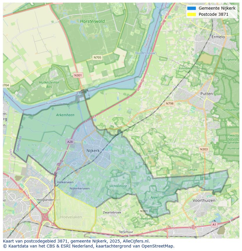 Afbeelding van het postcodegebied 3871 op de kaart.