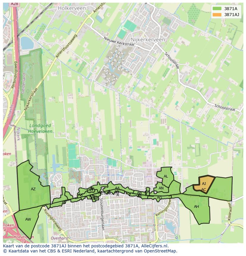 Afbeelding van het postcodegebied 3871 AJ op de kaart.