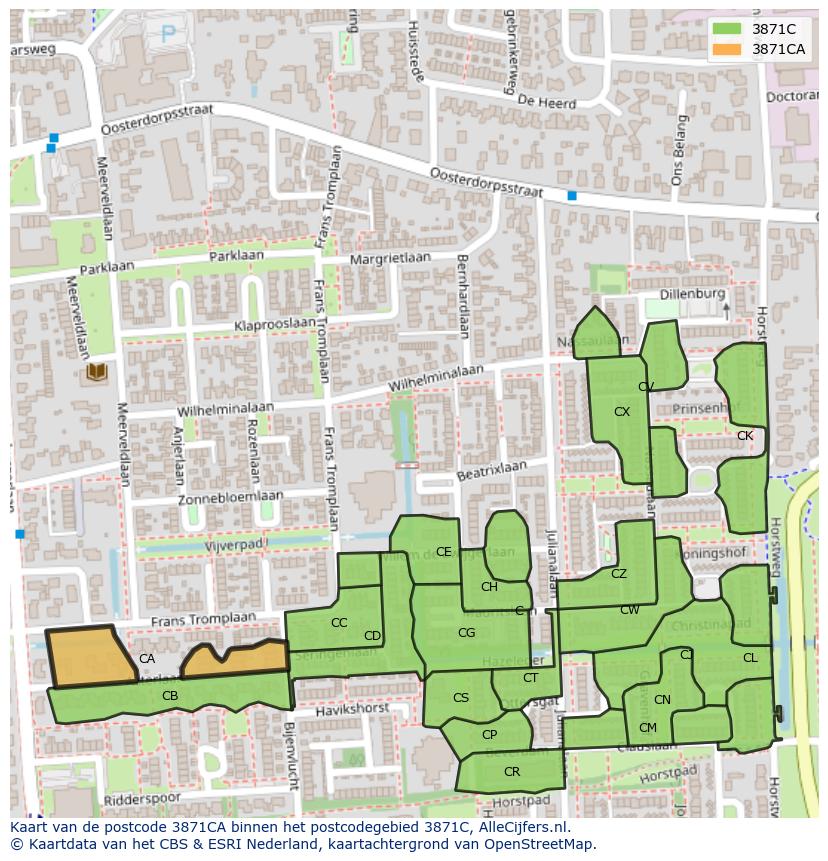 Afbeelding van het postcodegebied 3871 CA op de kaart.