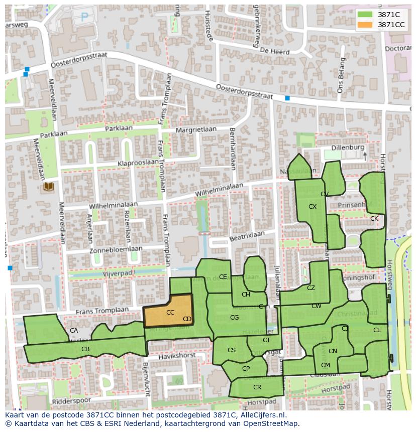 Afbeelding van het postcodegebied 3871 CC op de kaart.