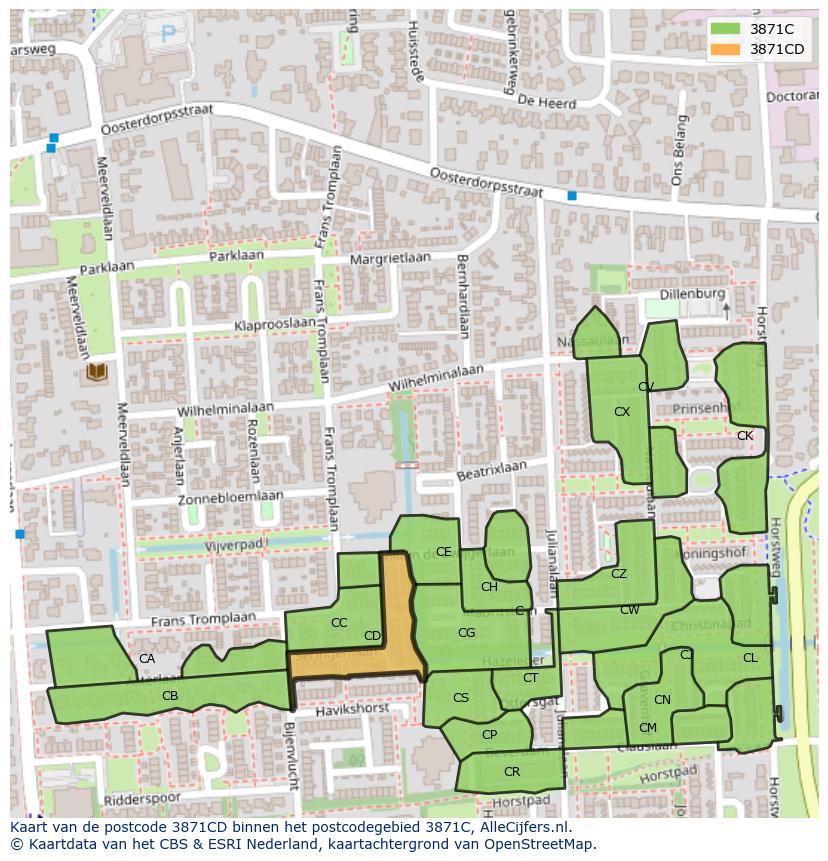 Afbeelding van het postcodegebied 3871 CD op de kaart.