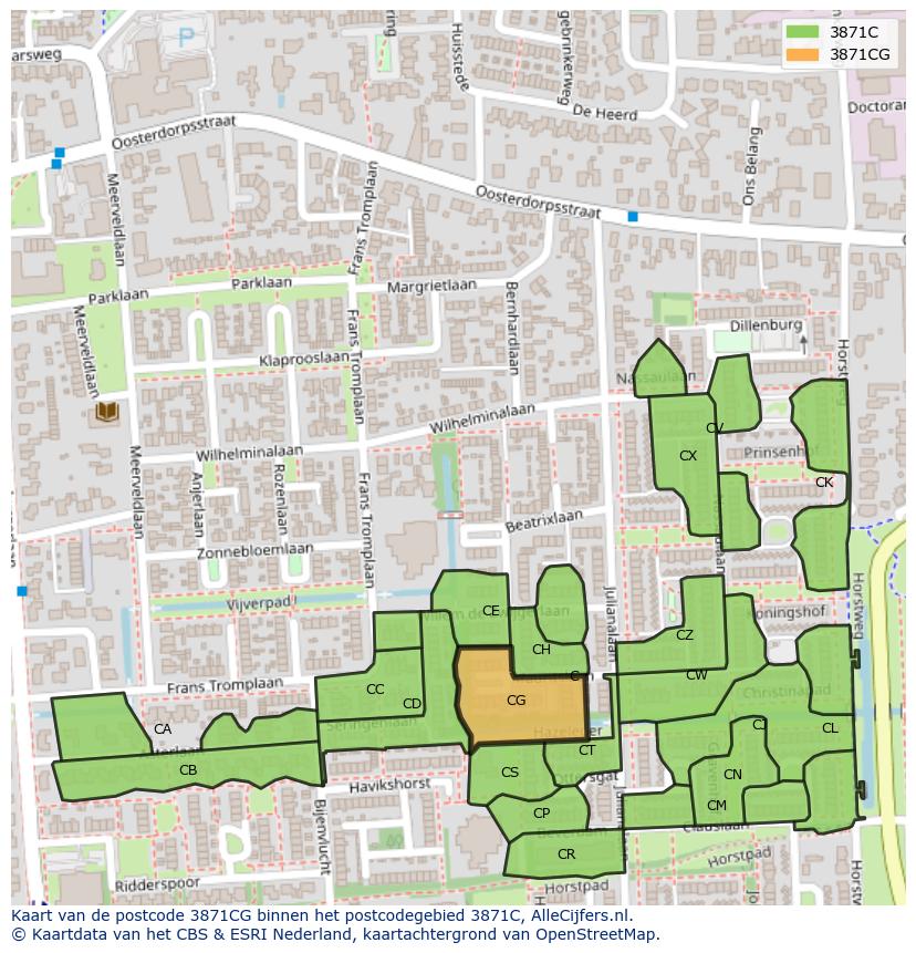 Afbeelding van het postcodegebied 3871 CG op de kaart.