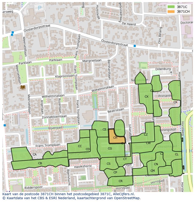 Afbeelding van het postcodegebied 3871 CH op de kaart.