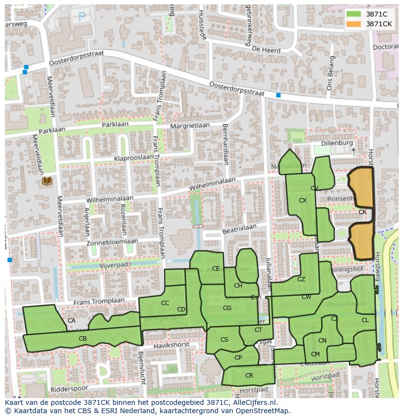 Afbeelding van het postcodegebied 3871 CK op de kaart.