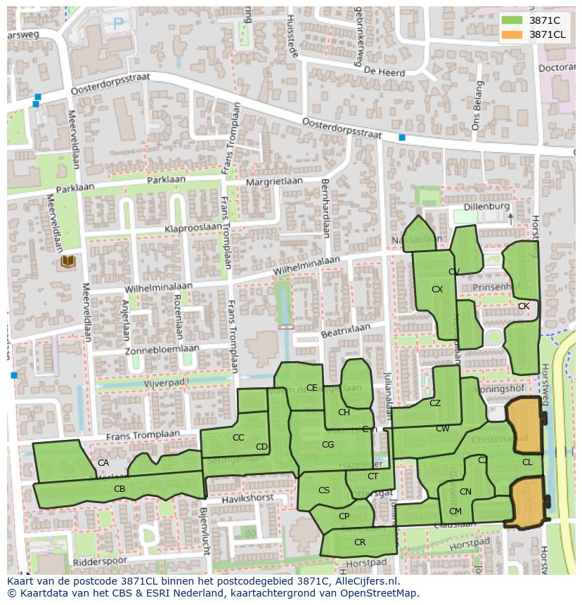 Afbeelding van het postcodegebied 3871 CL op de kaart.