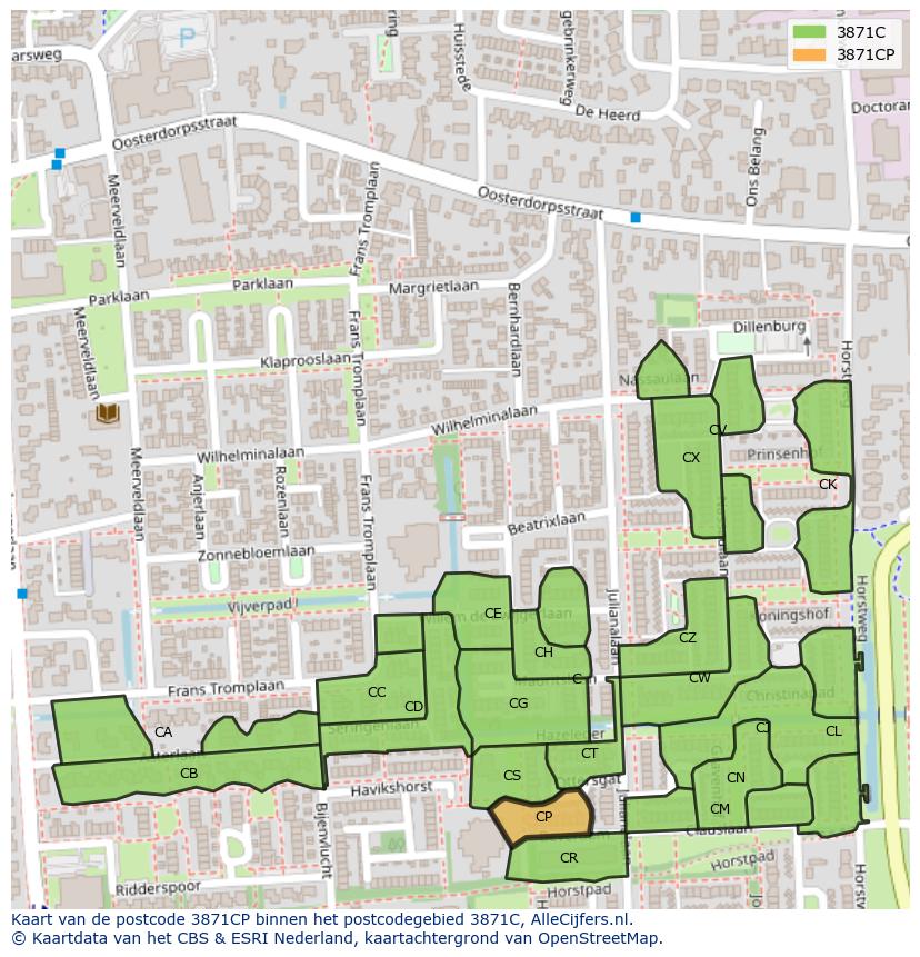 Afbeelding van het postcodegebied 3871 CP op de kaart.