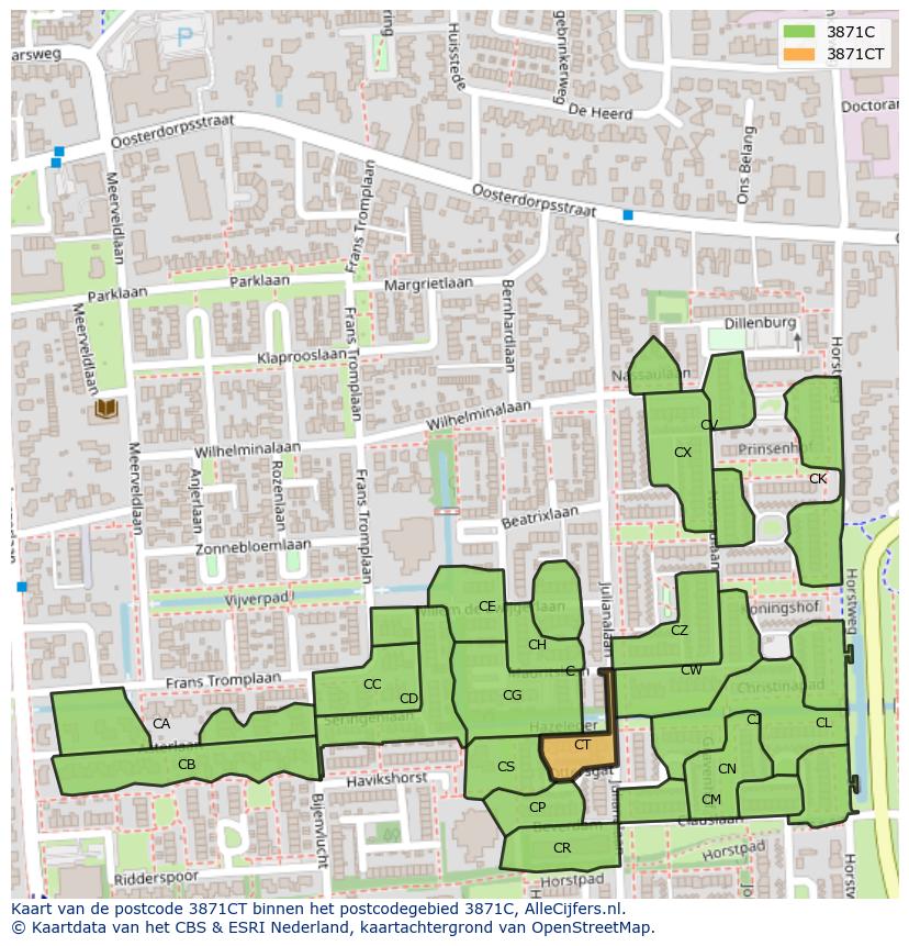 Afbeelding van het postcodegebied 3871 CT op de kaart.