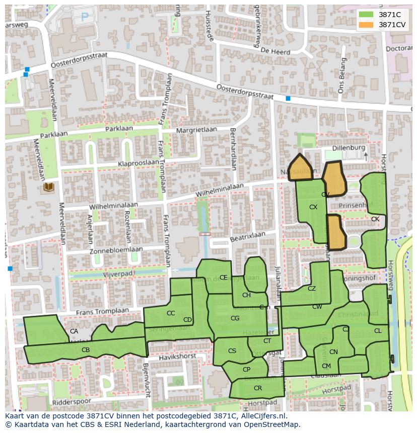 Afbeelding van het postcodegebied 3871 CV op de kaart.