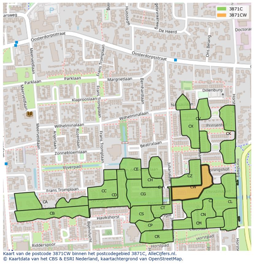 Afbeelding van het postcodegebied 3871 CW op de kaart.