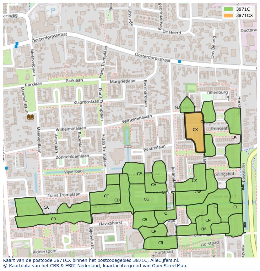 Afbeelding van het postcodegebied 3871 CX op de kaart.