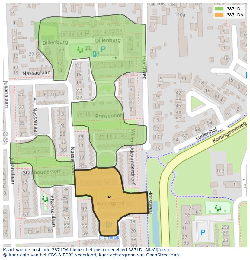 Afbeelding van het postcodegebied 3871 DA op de kaart.