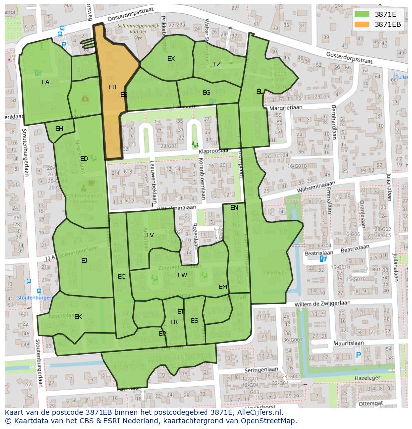 Afbeelding van het postcodegebied 3871 EB op de kaart.
