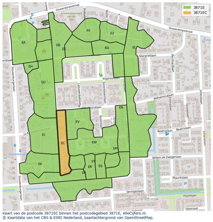 Afbeelding van het postcodegebied 3871 EC op de kaart.