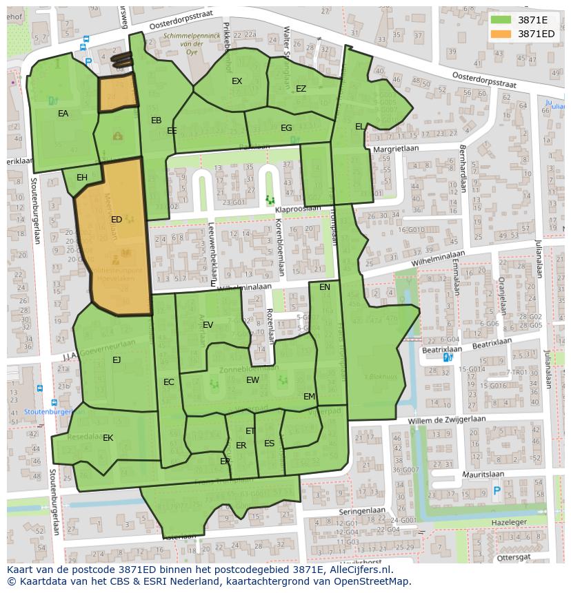 Afbeelding van het postcodegebied 3871 ED op de kaart.