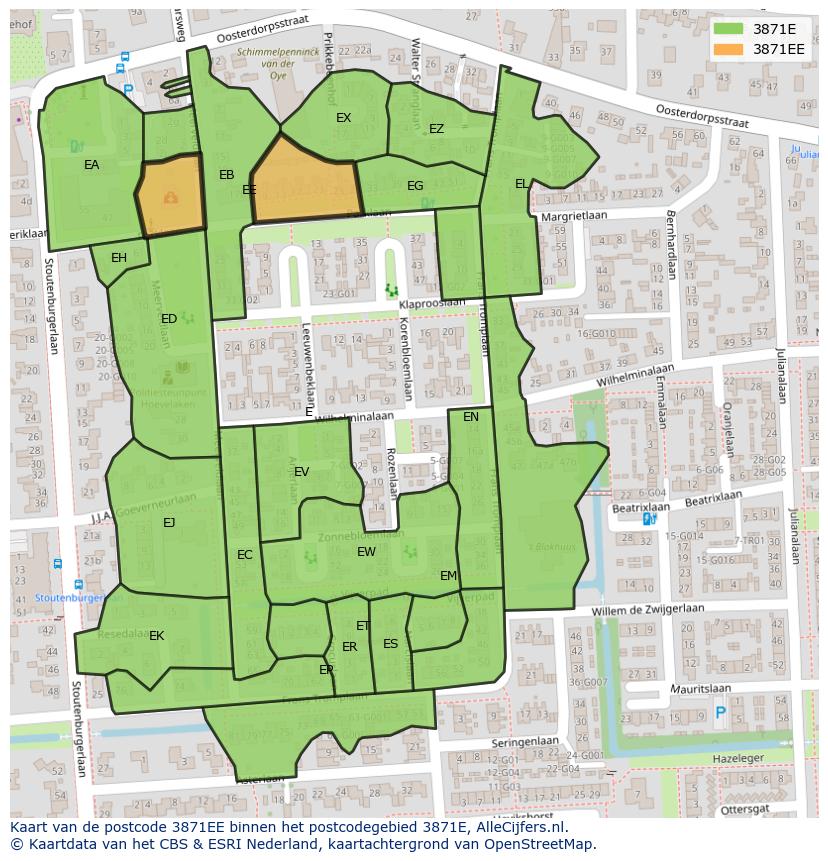 Afbeelding van het postcodegebied 3871 EE op de kaart.