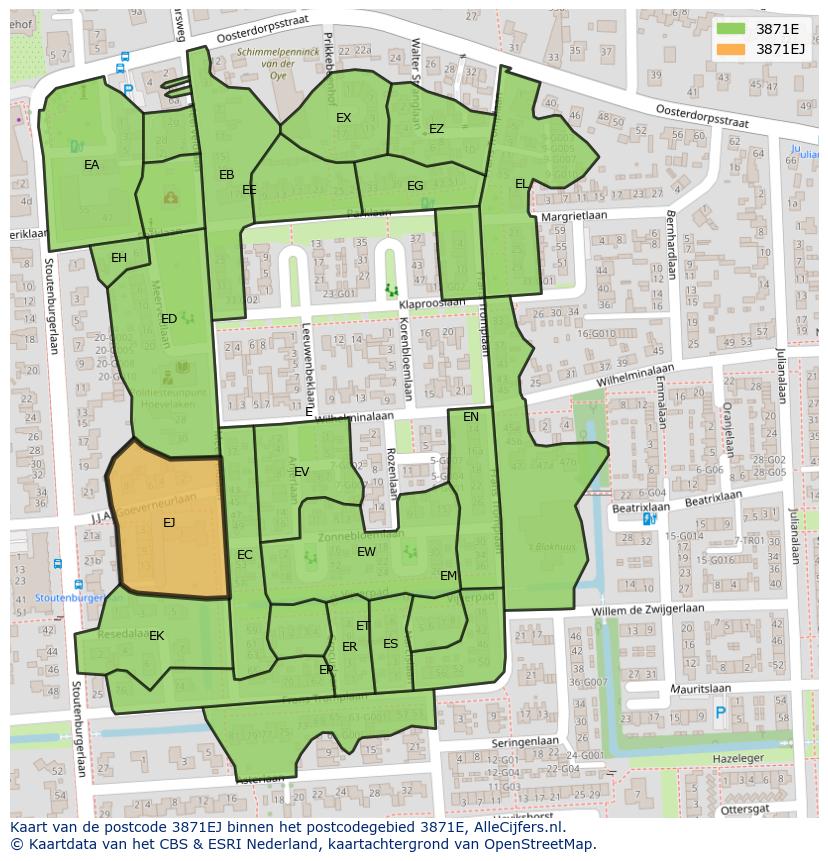 Afbeelding van het postcodegebied 3871 EJ op de kaart.