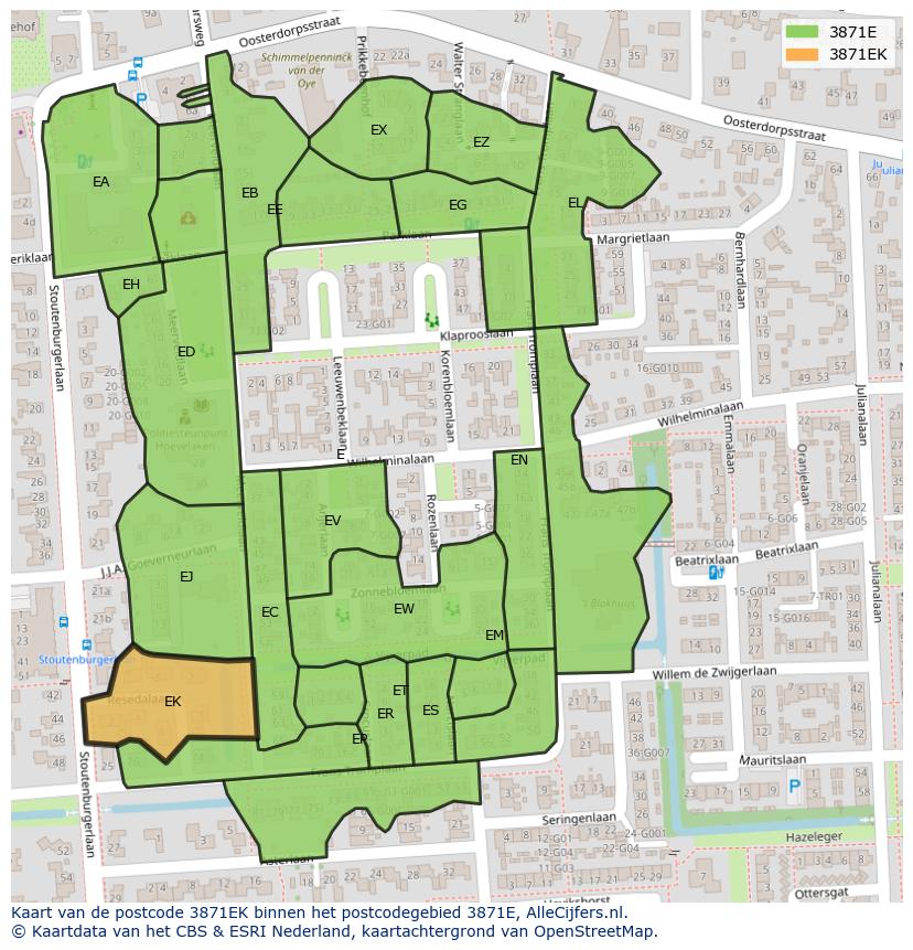 Afbeelding van het postcodegebied 3871 EK op de kaart.