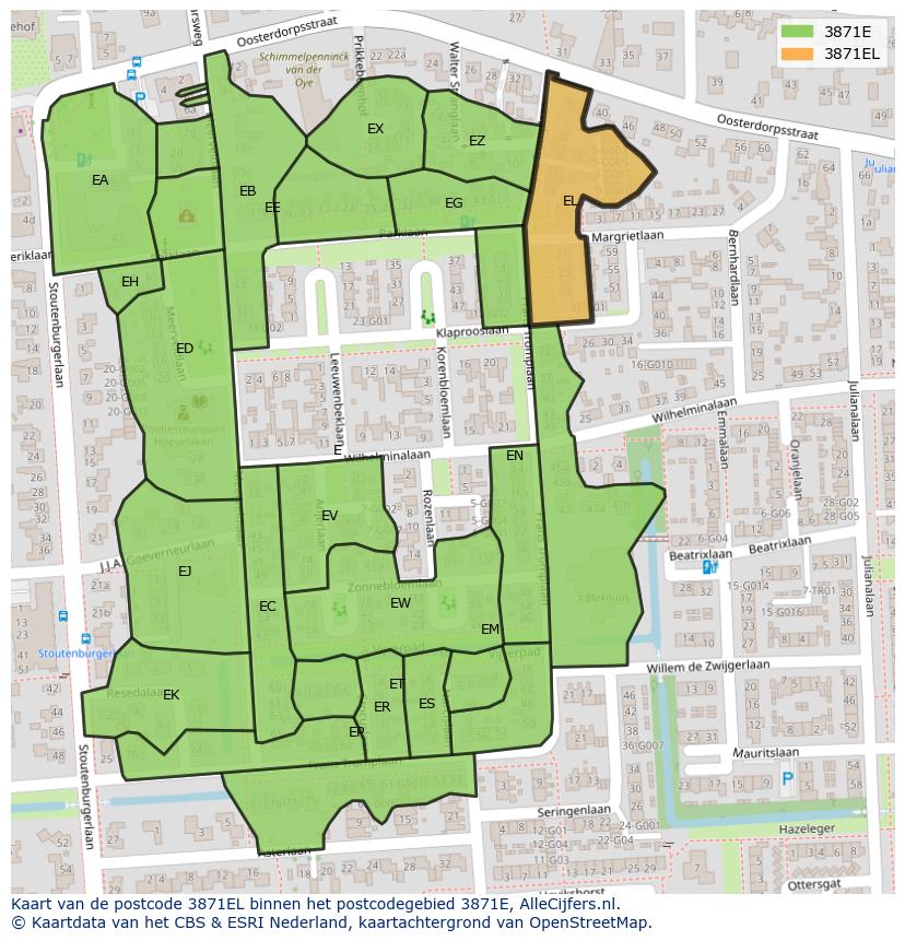 Afbeelding van het postcodegebied 3871 EL op de kaart.