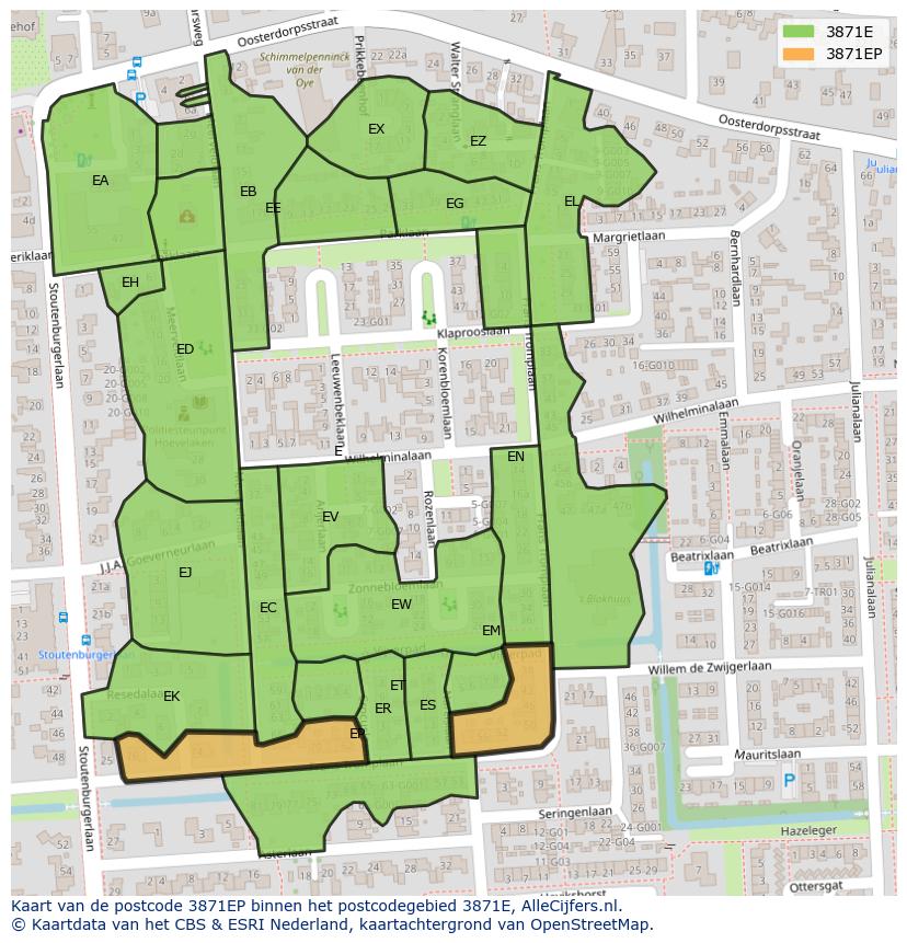 Afbeelding van het postcodegebied 3871 EP op de kaart.