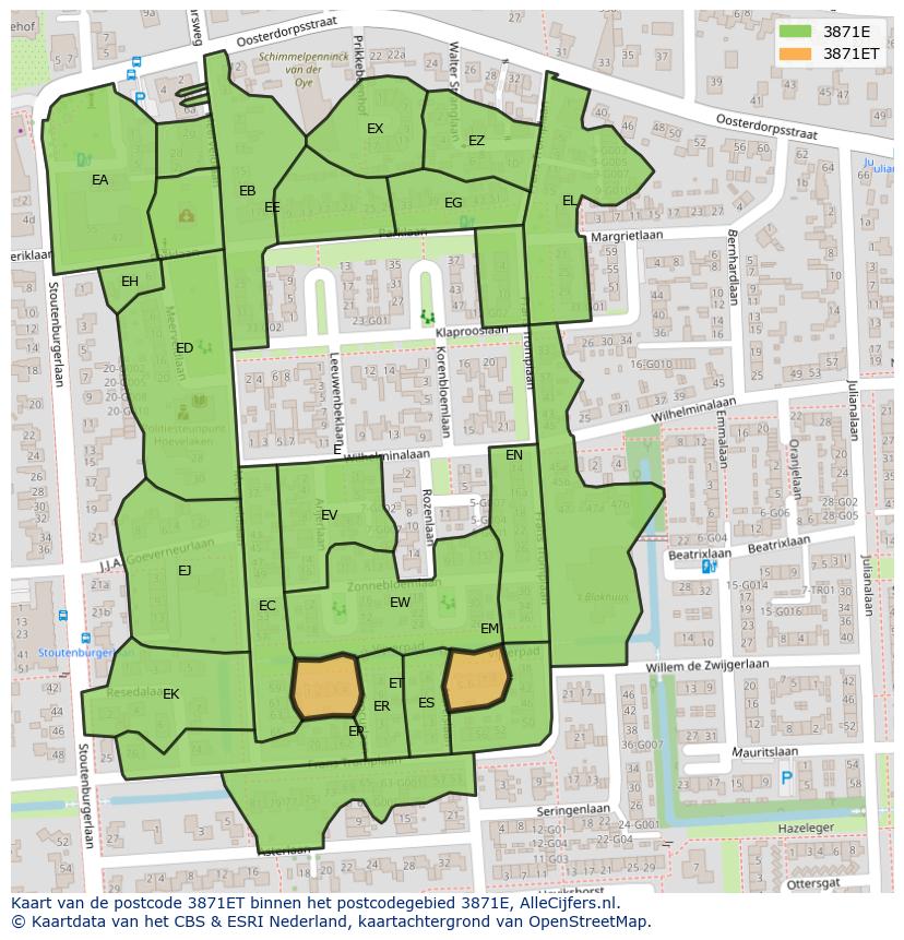 Afbeelding van het postcodegebied 3871 ET op de kaart.