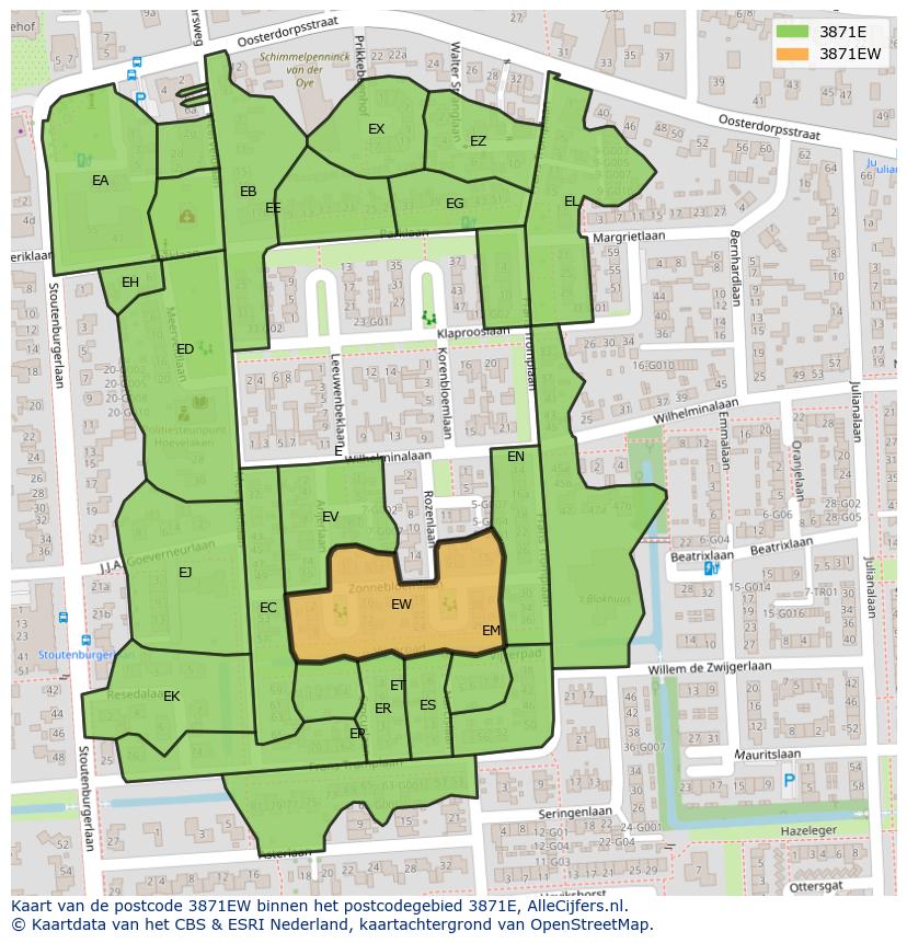 Afbeelding van het postcodegebied 3871 EW op de kaart.