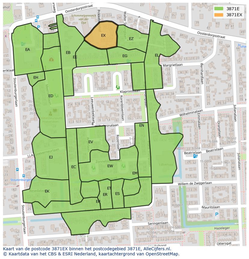 Afbeelding van het postcodegebied 3871 EX op de kaart.
