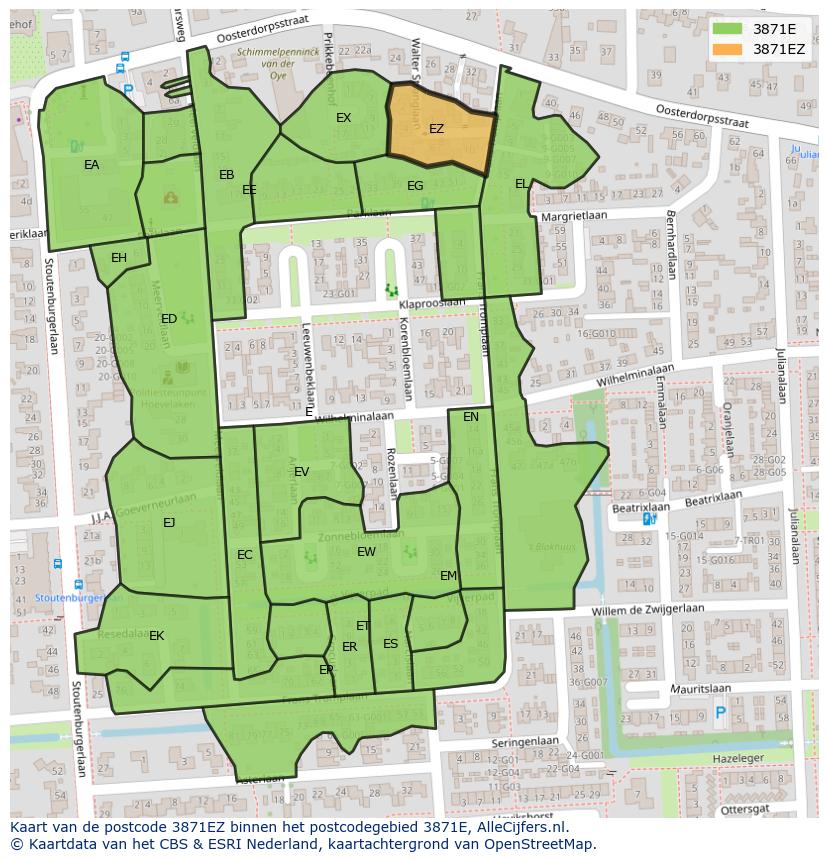 Afbeelding van het postcodegebied 3871 EZ op de kaart.