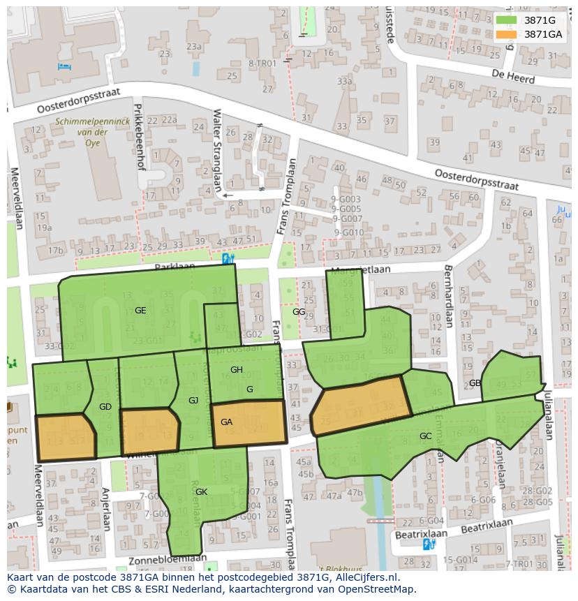 Afbeelding van het postcodegebied 3871 GA op de kaart.