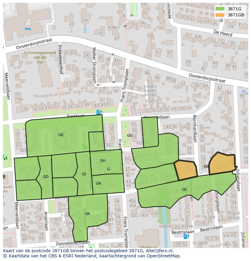 Afbeelding van het postcodegebied 3871 GB op de kaart.