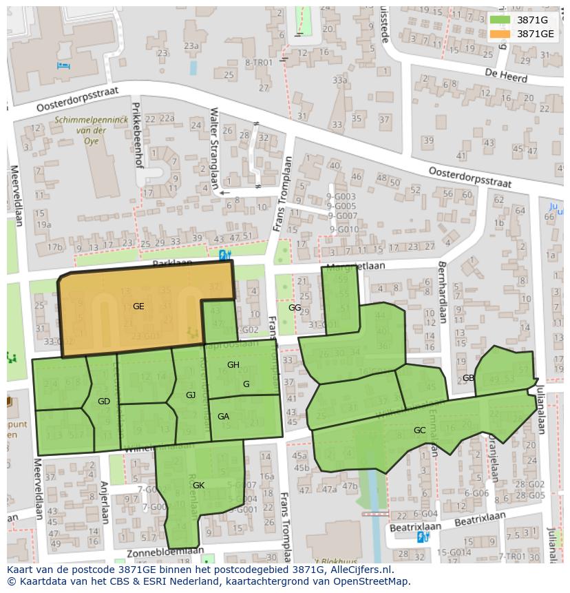 Afbeelding van het postcodegebied 3871 GE op de kaart.
