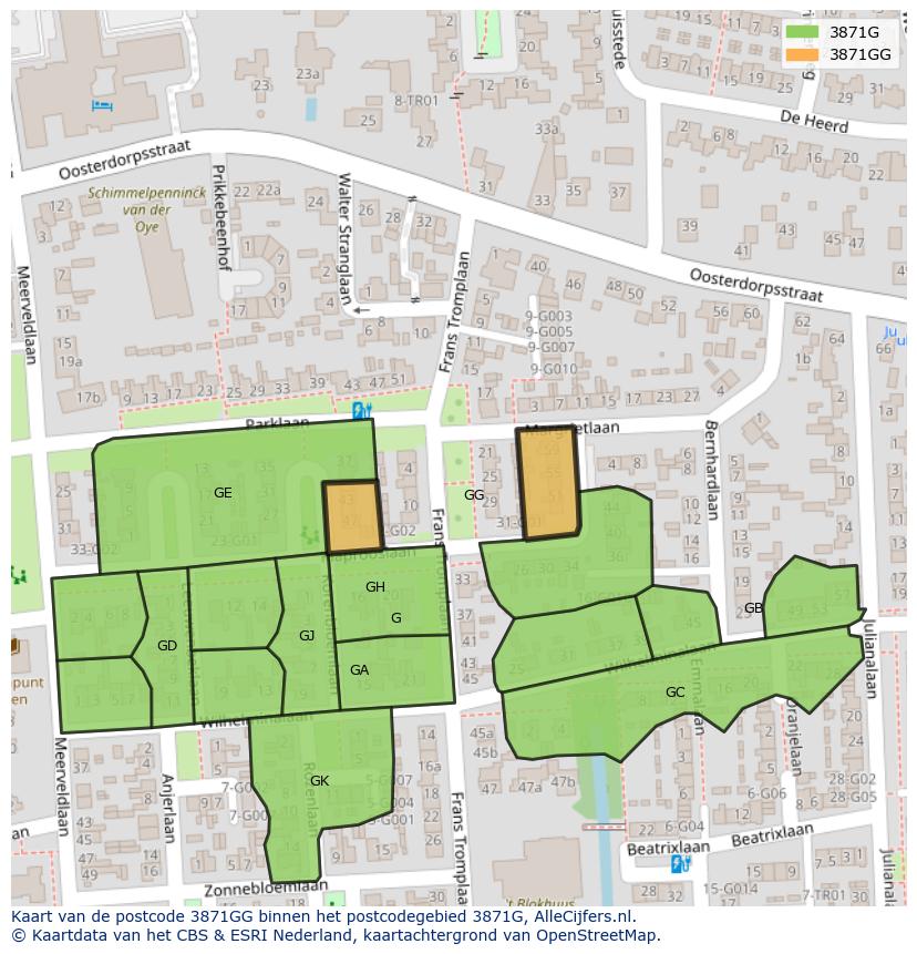 Afbeelding van het postcodegebied 3871 GG op de kaart.