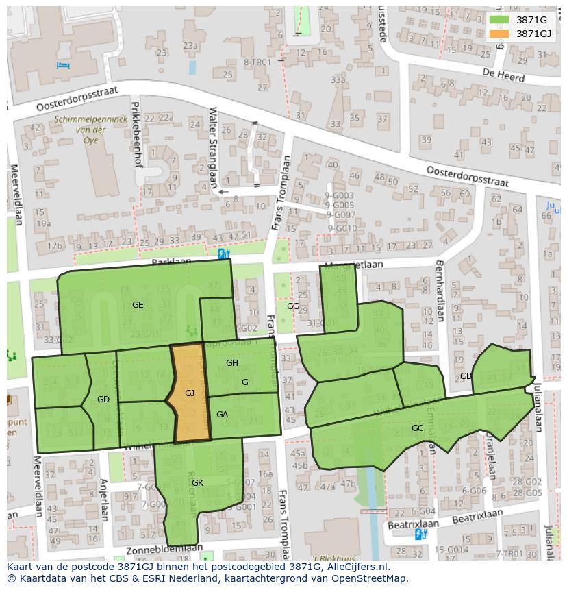Afbeelding van het postcodegebied 3871 GJ op de kaart.