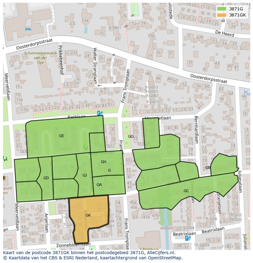 Afbeelding van het postcodegebied 3871 GK op de kaart.