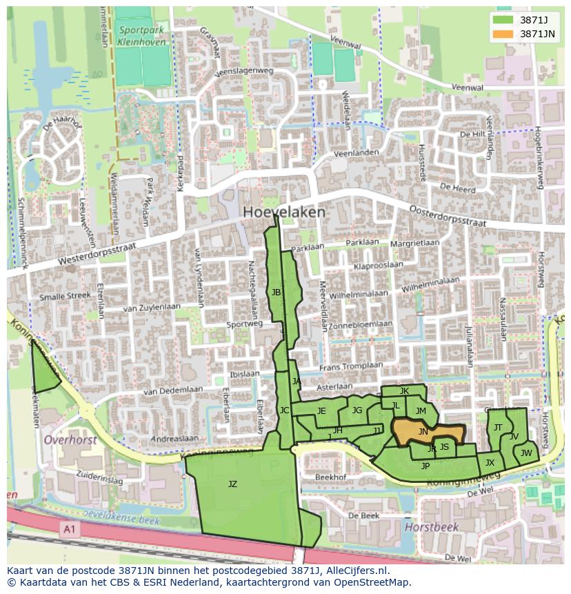 Afbeelding van het postcodegebied 3871 JN op de kaart.
