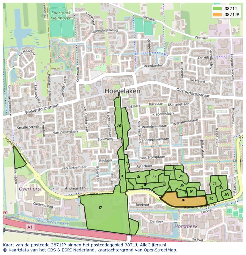 Afbeelding van het postcodegebied 3871 JP op de kaart.