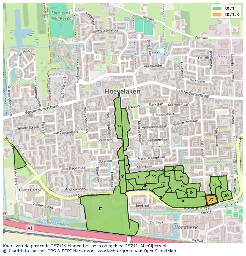 Afbeelding van het postcodegebied 3871 JX op de kaart.