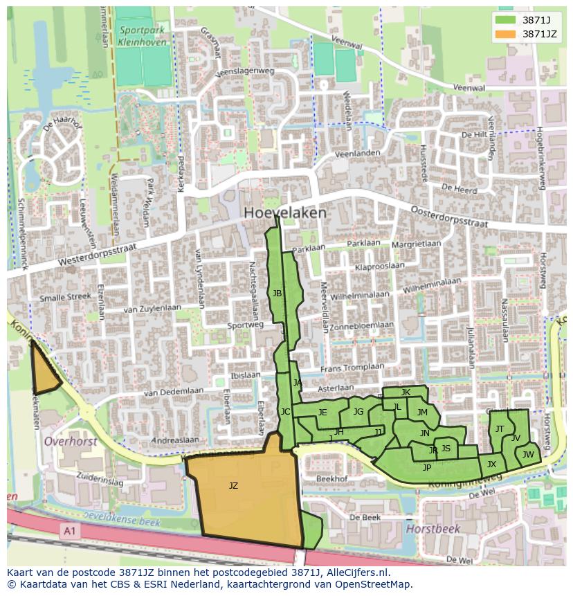 Afbeelding van het postcodegebied 3871 JZ op de kaart.