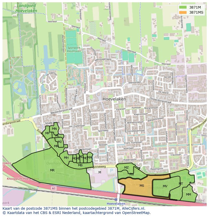 Afbeelding van het postcodegebied 3871 MS op de kaart.