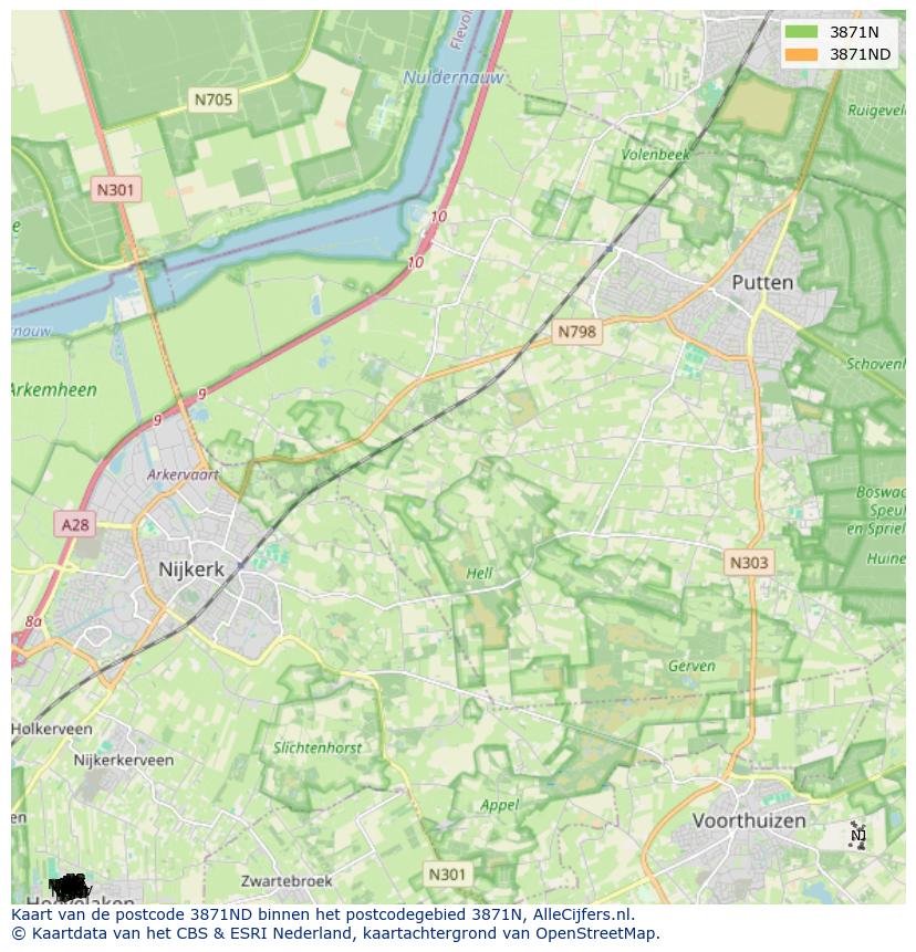Afbeelding van het postcodegebied 3871 ND op de kaart.