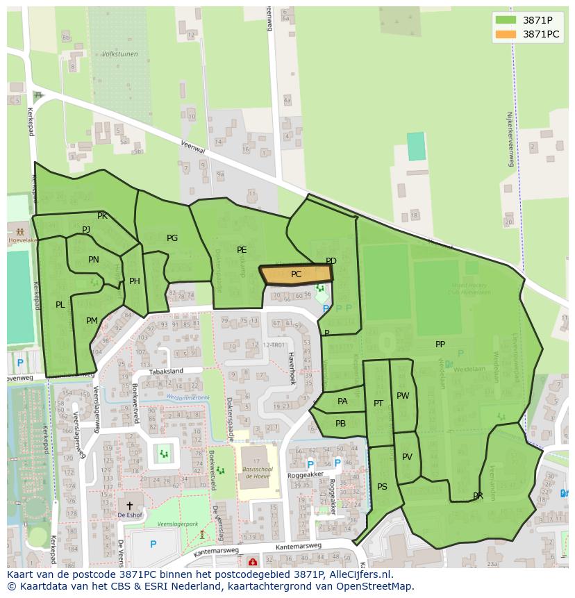 Afbeelding van het postcodegebied 3871 PC op de kaart.