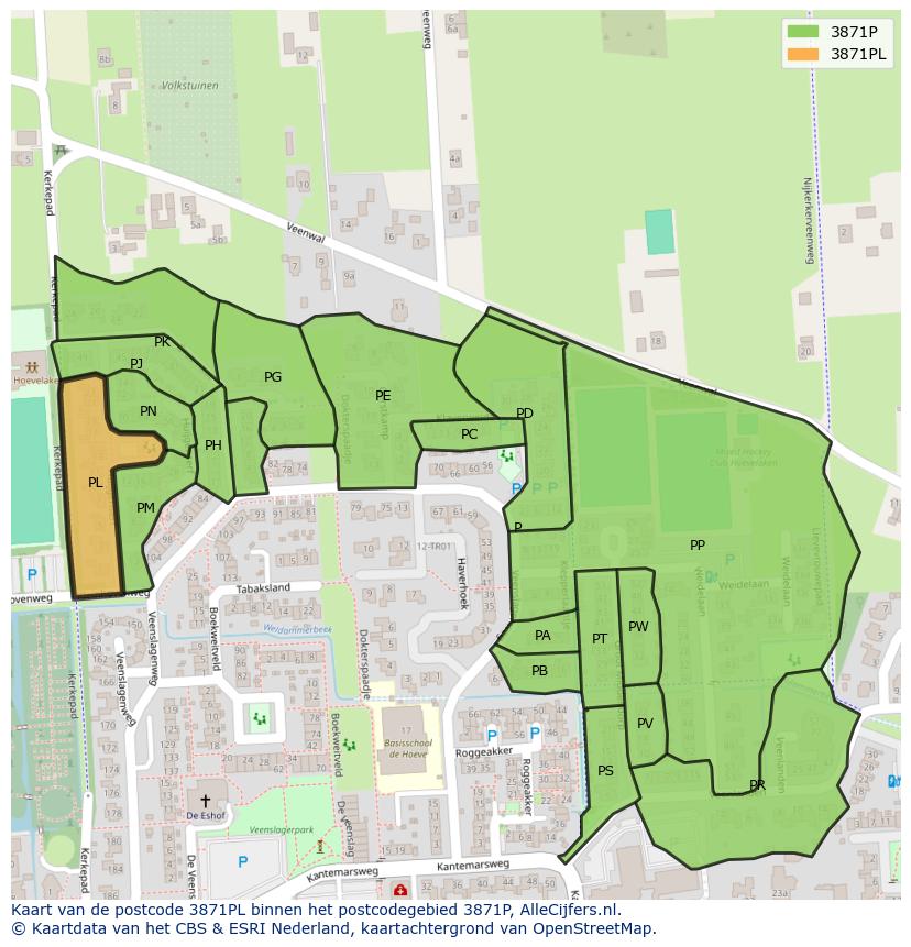 Afbeelding van het postcodegebied 3871 PL op de kaart.