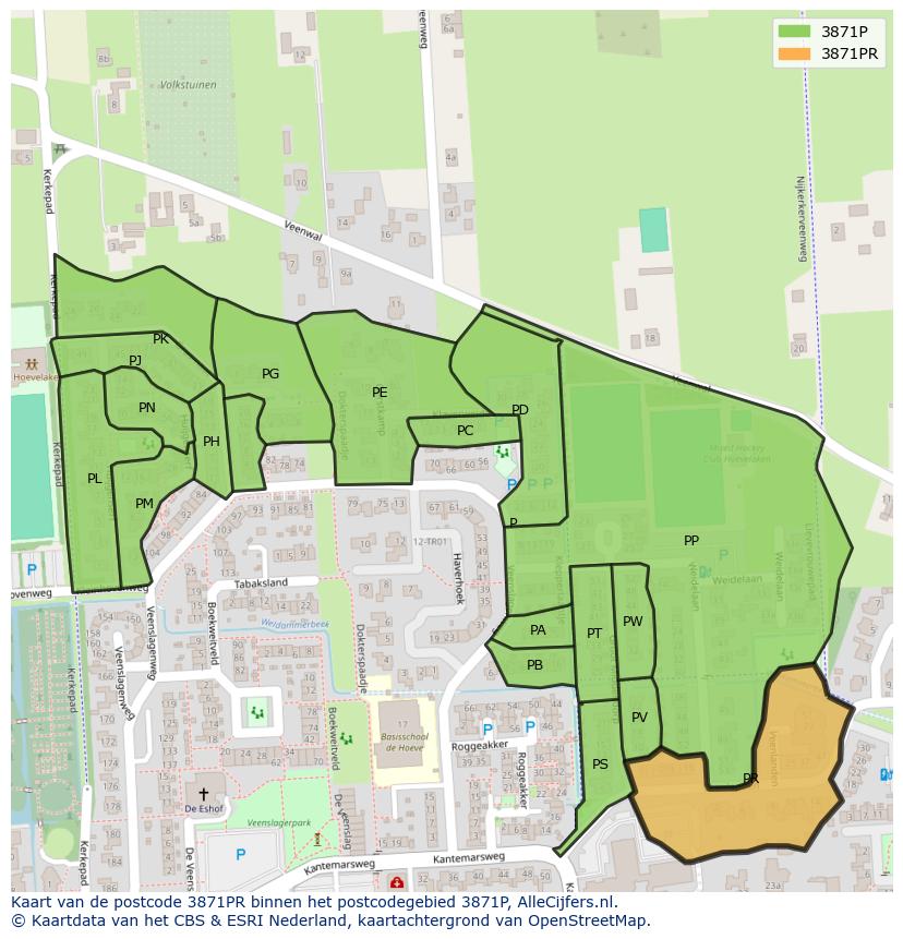 Afbeelding van het postcodegebied 3871 PR op de kaart.