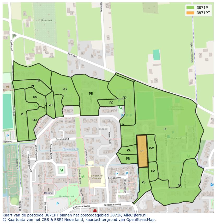 Afbeelding van het postcodegebied 3871 PT op de kaart.