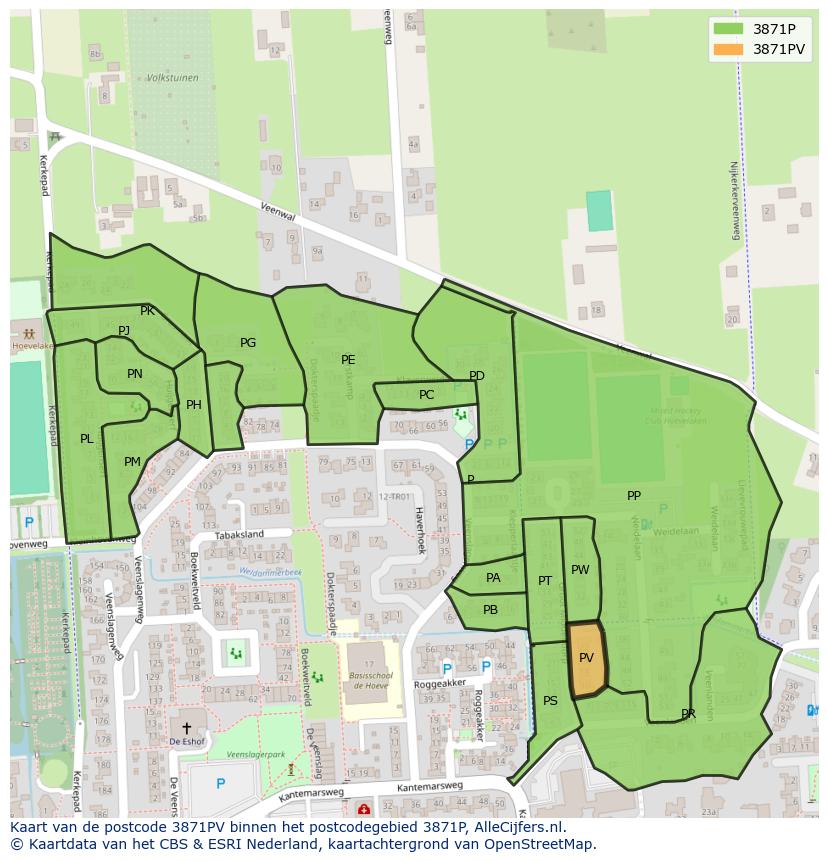 Afbeelding van het postcodegebied 3871 PV op de kaart.