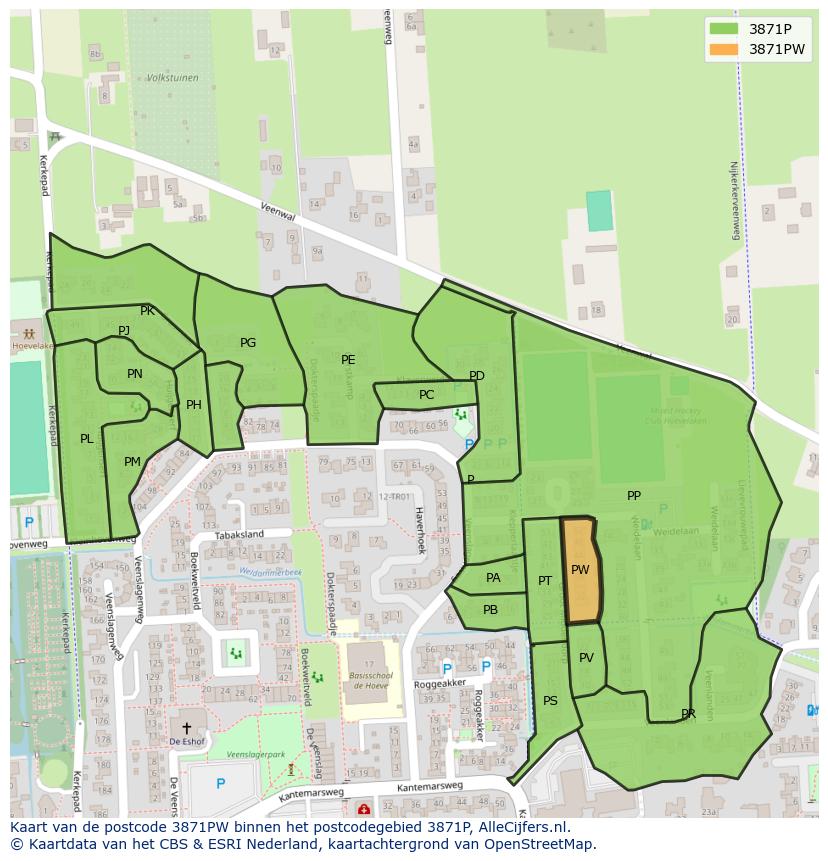 Afbeelding van het postcodegebied 3871 PW op de kaart.